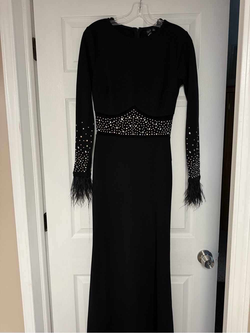 Windsor Black Long Sleeve Feather & Bead Evening Gown